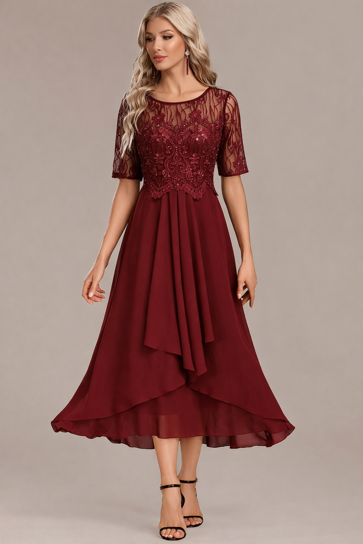 Sophie Navy Lace Short Sleeve Round Neck Dress