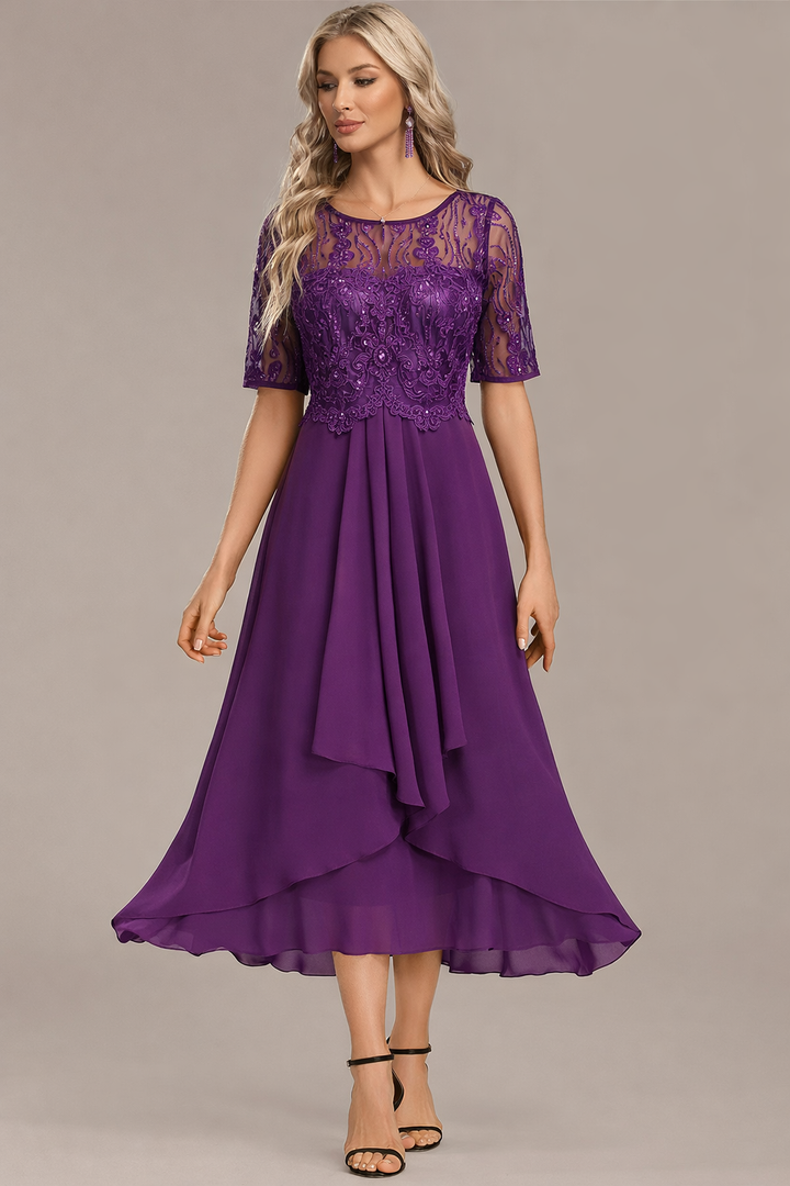 Sophie Navy Lace Short Sleeve Round Neck Dress